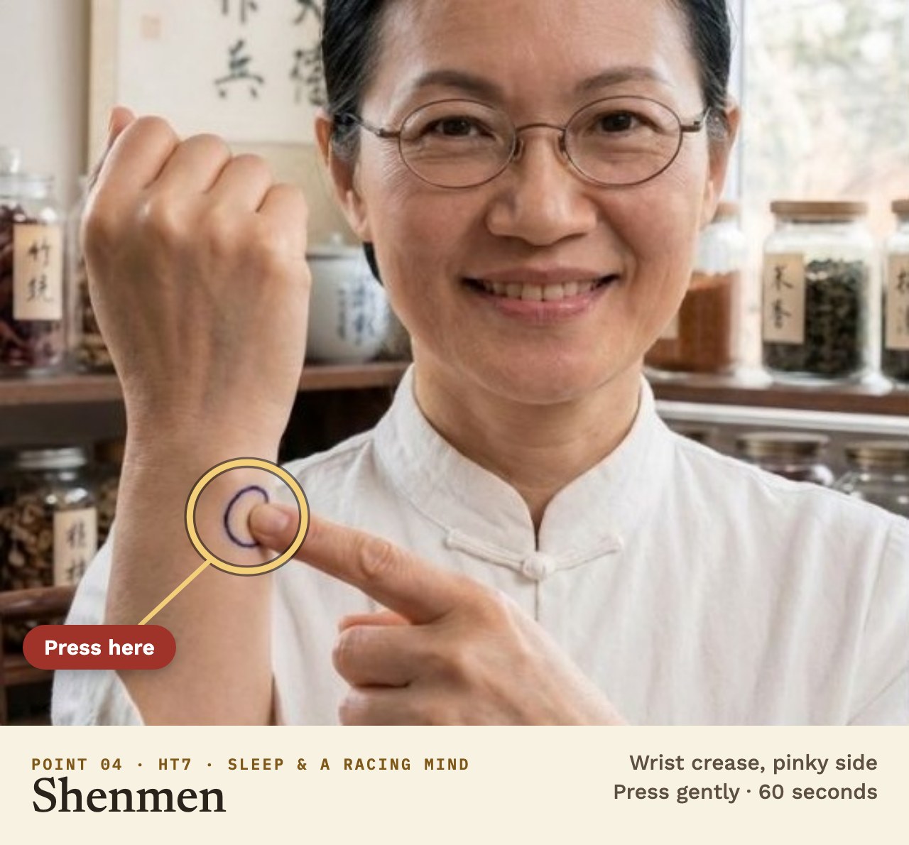The Shenmen point on the wrist, circled on the skin, with where to press and for how long